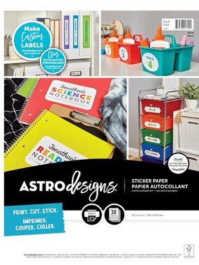 🔵 Astrodesigns Sticker Paper, 8.5" x 11" Fully Adhesive Back White 30 Sheets NEW